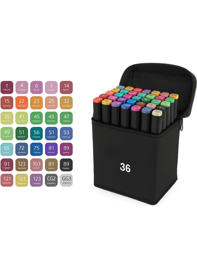 Graphic Marker Set (36Colors) Multicolor Dual-Tipped Markers with Bag for Sketching, Calligraphy, and Design - Coloring Pen Set - Coloring and Drawing Ink for Kids and Adults - Perfect Coloring Pen Set for Artists and Hobbyists with Stylish Carrying Case Suitable for Art Gifts - Graffiti, Coloring, Outlining, Shading - Marker and Painting Projects with Bag - Image 3